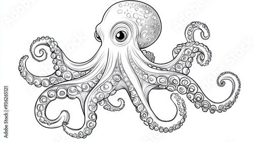 Outline illustration of a black and white octopus for drawing and coloring on white background