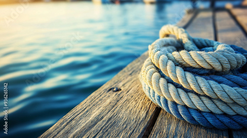 Nautical rope resting on a wooden dock at sunset photo