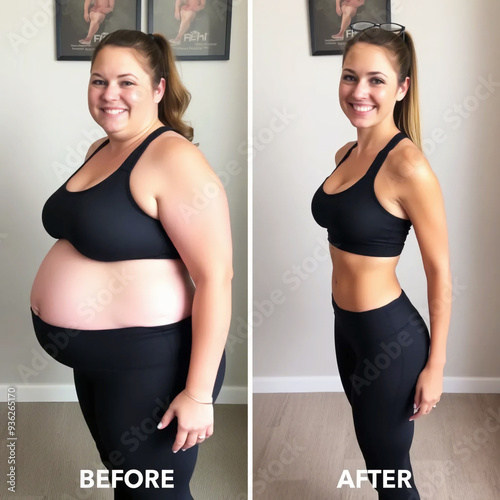 Woman posing before and after weight loss. Diet and healthy nutrition. Fitness results, get fit. Liposuction results, plastic surgery. Overweight and slim, training