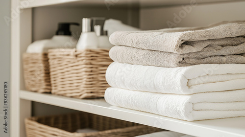 Stack of clean bath towels sitting on white shelf in bathroom