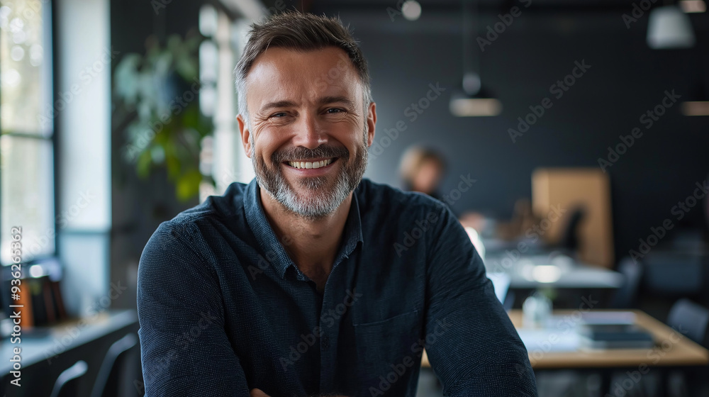 Happy businessman smiling while working in modern office Happy businessman smiling while working in modern office