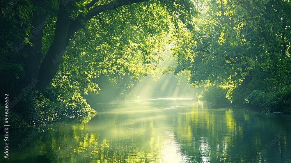 A tranquil river flows through a lush green forest surrounded by sunlight and soft mist in early morning light A tranquil river flows through a lush green forest surrounded by sunlight and soft mist in early morning light