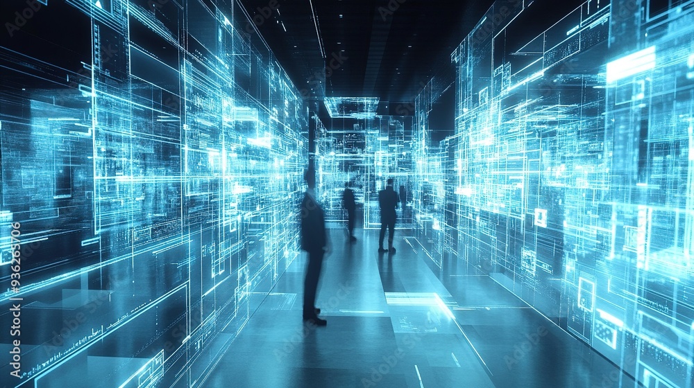 People exploring a digital data landscape with glowing blue visuals at a technology exhibition in a modern venue People exploring a digital data landscape with glowing blue visuals at a technology exhibition in a modern venue