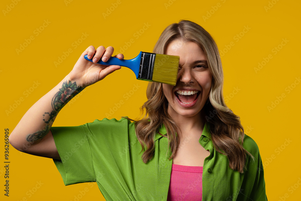 Pretty Smiling Woman Artist With Brush On Yellow. Creative Person, Fantasy Pretty Smiling Woman Artist With Brush On Yellow. Creative Person, Fantasy