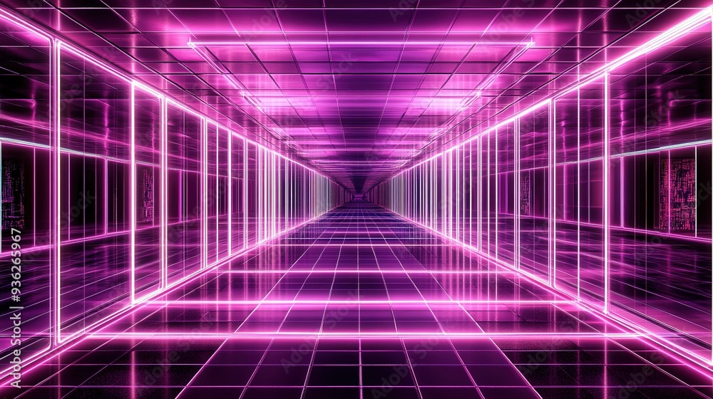 Neon-lit corridor with glowing pink lights and reflective tiles creating a vibrant futuristic atmosphere Neon-lit corridor with glowing pink lights and reflective tiles creating a vibrant futuristic atmosphere