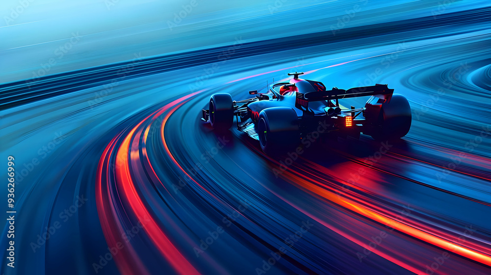 Fototapeta premium Race Car Speeds Through a Blue and Red Blur of Light, Creating Abstract Copy Space