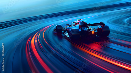 Race Car Speeds Through a Blue and Red Blur of Light, Creating Abstract Copy Space