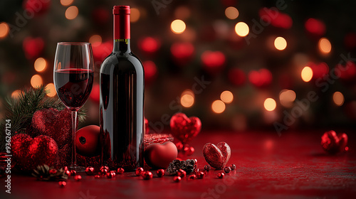 Bottle and glass of red wine with christmas ornaments creating romantic atmosphere