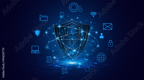 Cyber ​​security concept with shield symbol and lock. Data protection and cyber privacy. Innovative concept of advanced safety technology	