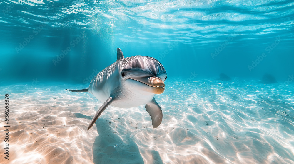 Obraz premium Dolphin swimming in clear blue water over sandy bottom