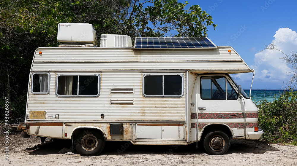 Old rusty camper van parked under trees by the sea is using solar energy Old rusty camper van parked under trees by the sea is using solar energy