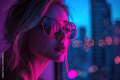 Woman in Neon Lights with Sunglasses.