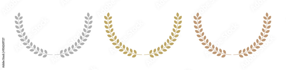 Obraz premium シンプルな丸い葉っぱのリースや月桂冠のフレームのセット - 金銀銅のエンブレムや飾り罫の装飾素材 