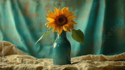   A teal curtain serves as a backdrop for a blue vase holding a yellow sunflower, placed on a bed