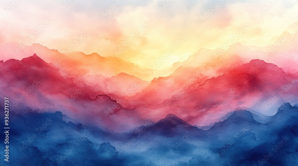 Vibrant abstract watercolor sunset over rolling hills and mountains landscape Vibrant abstract watercolor sunset over rolling hills and mountains landscape