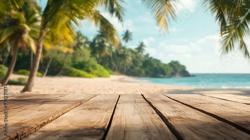 Tropical Beach Scene with Wooden Plank