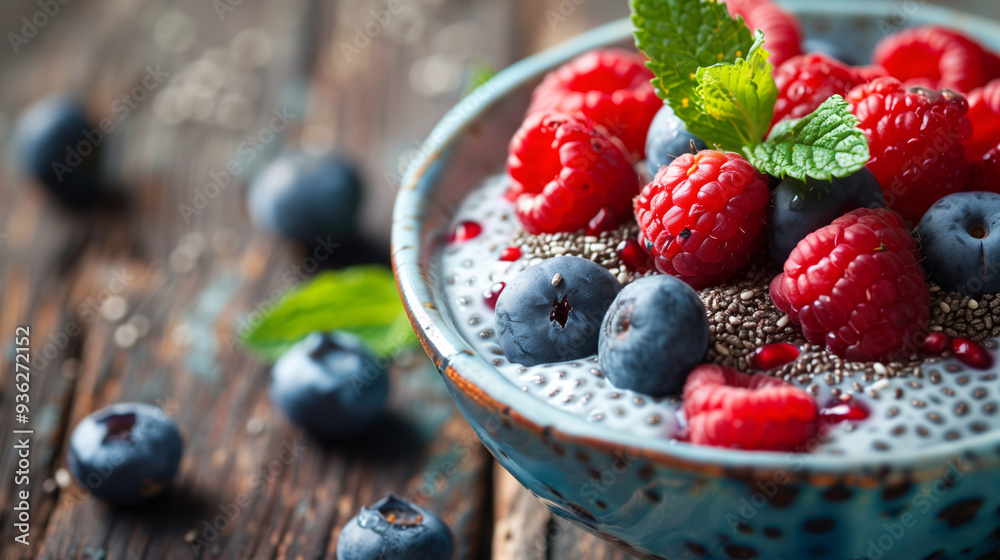 a colorful breakfast bowl with chia seed pudding made with coconut milk, topped with fresh berries and mint leaves, on a rustic wooden table a colorful breakfast bowl with chia seed pudding made with coconut milk, topped with fresh berries and mint leaves, on a rustic wooden table