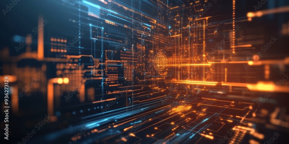 Obraz premium Futuristic holographic interface with glowing lines and data visualization of ai