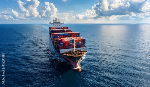 Container Ship Sailing On Blue Ocean With White Clouds3 photo