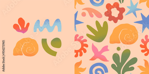 Vector summer cards.Nature elements and artistic seamless pattern.Hand drawn palm,sun,coral,seashell,wave.Trendy designs for banners,smm,branding,packaging, covers,prints.Summer surf club photo