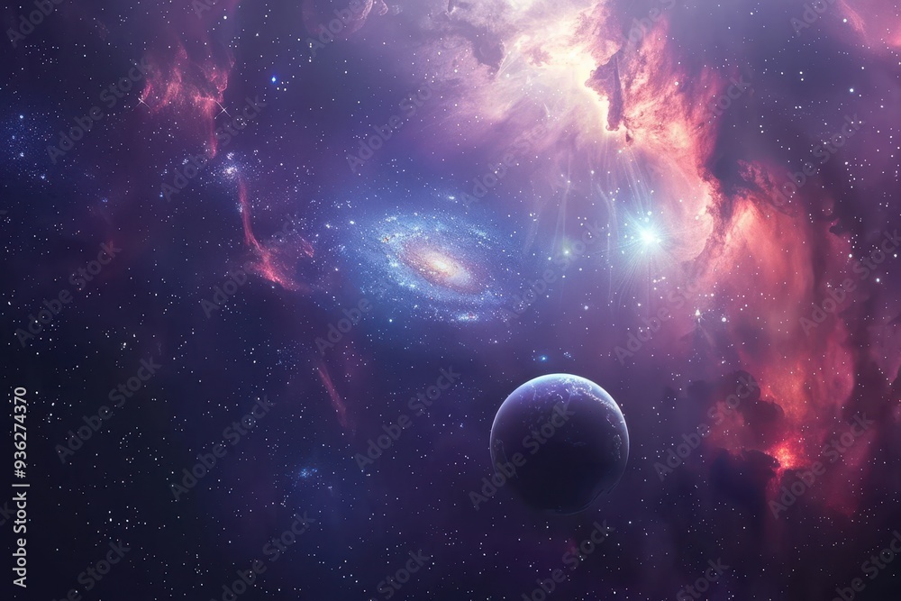 Earth from Space with Vibrant Purple Pink Nebula and Stars Earth from Space with Vibrant Purple Pink Nebula and Stars