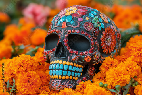 Traditional sugar skull embellished with vibrant hues is paired with glowing marigold blossoms evoking the spirit of Mexicos Day of the Dead