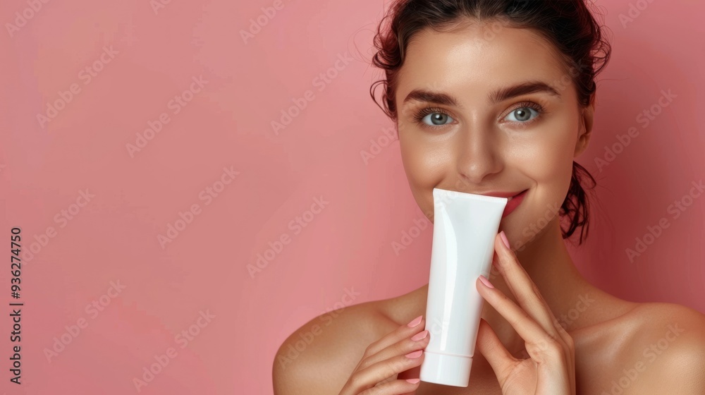 a beautiful young woman Beauty caretaker on beautiful skin holds cosmetics. Skincare products Model uses hands to create commercial space. Advertising a beautiful young woman Beauty caretaker on beautiful skin holds cosmetics. Skincare products Model uses hands to create commercial space. Advertising