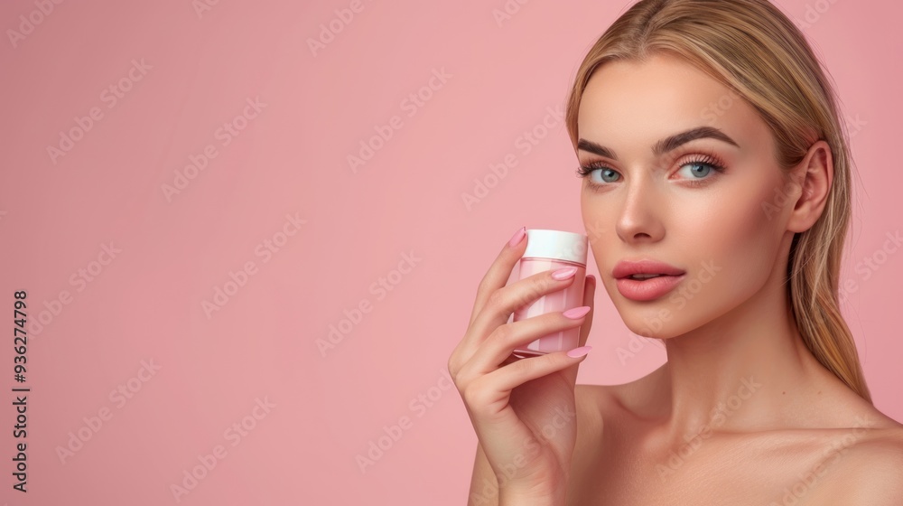 a beautiful young woman Beauty caretaker on beautiful skin holds cosmetics. Skincare products Model uses hands to create commercial space. Advertising a beautiful young woman Beauty caretaker on beautiful skin holds cosmetics. Skincare products Model uses hands to create commercial space. Advertising