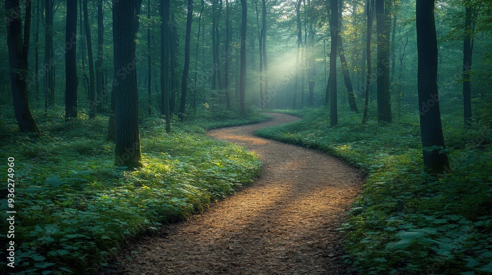 Fototapeta premium Serene forest path illuminated by sunlight through tall trees in tranquil morning atmosphere.
