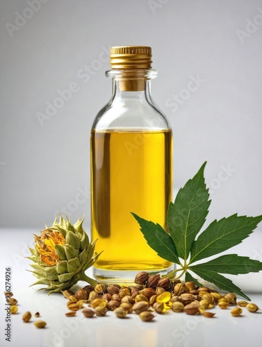 A clear glass bottle of golden-yellow castor oil stands upright on a plain white background, surrounded by a few scattered castor seeds and a green castor leaf