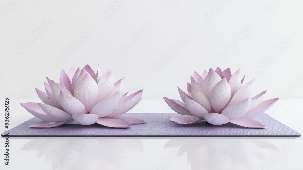 Yoga mat with lotus flowers, white background, 3D illustration Yoga mat with lotus flowers, white background, 3D illustration