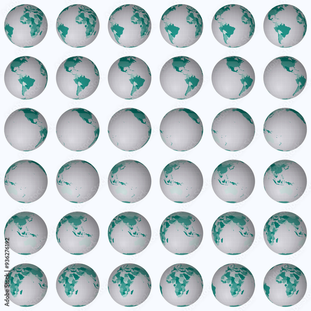 Collection of globes. Normal sphere view. Rotation step 10 degrees. Colored countries style. World map with sparse graticule lines on lightness background. Great vector illustration. Collection of globes. Normal sphere view. Rotation step 10 degrees. Colored countries style. World map with sparse graticule lines on lightness background. Great vector illustration.