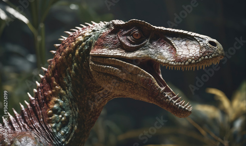 A close-up of a velociraptor's head, its mouth open in a fierce roar, with its sharp teeth visible photo