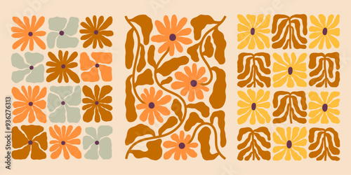 Autumn florals vector illustrations set. Fall flowers geometric compositions. Botanical prints in matisse style