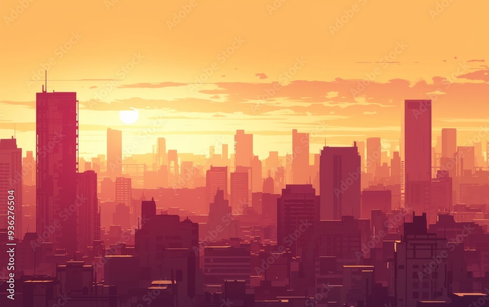 Fototapeta premium city Skyline at Sunset, Featuring Sun Setting Behind Tall Buildings and Clouds in the Sky