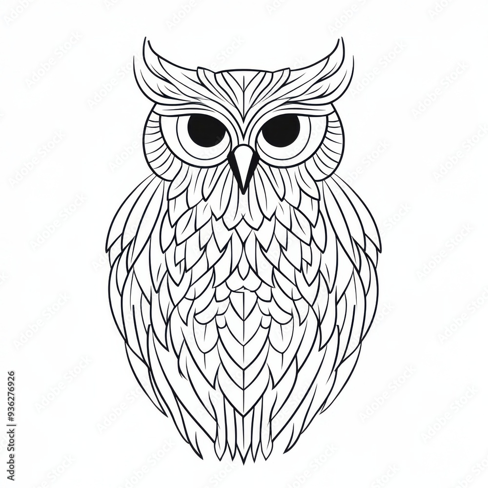 Outline illustration of a black and white owl for drawing and coloring on white background