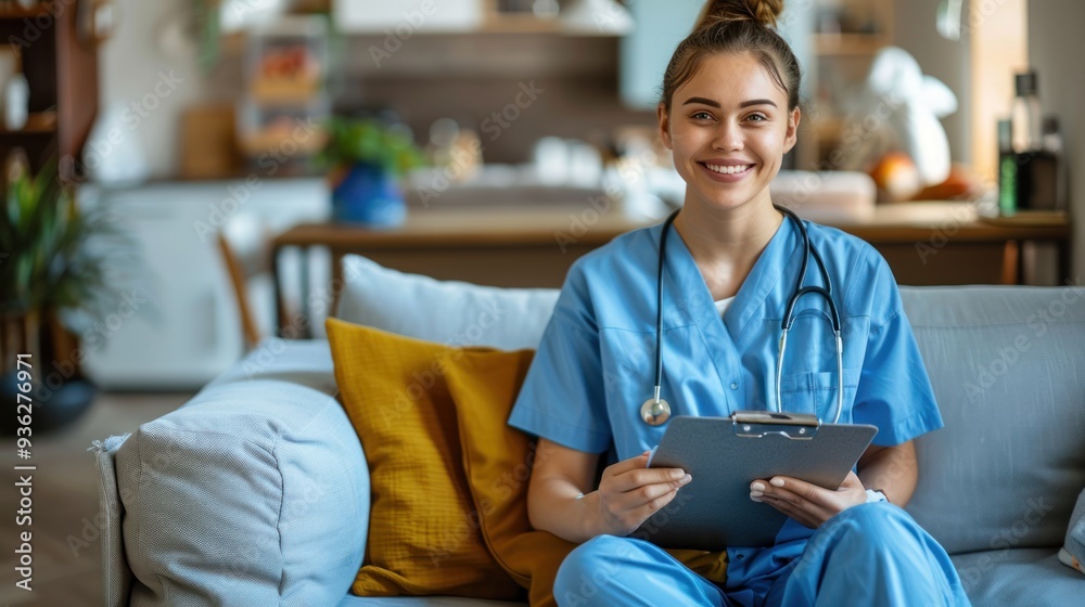 A beautiful white female nurse Or a patient caregiver in medical work clothes holding a clipboard with patient history in preparation for treatment sitting on a sofa in a hospital room. A beautiful white female nurse Or a patient caregiver in medical work clothes holding a clipboard with patient history in preparation for treatment sitting on a sofa in a hospital room.