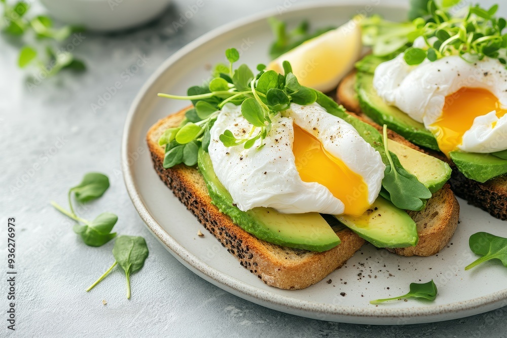 avocado toast topped with poached eggs and microgreens, with copy space. Soft morning light. Modern kitchen counterto avocado toast topped with poached eggs and microgreens, with copy space. Soft morning light. Modern kitchen counterto