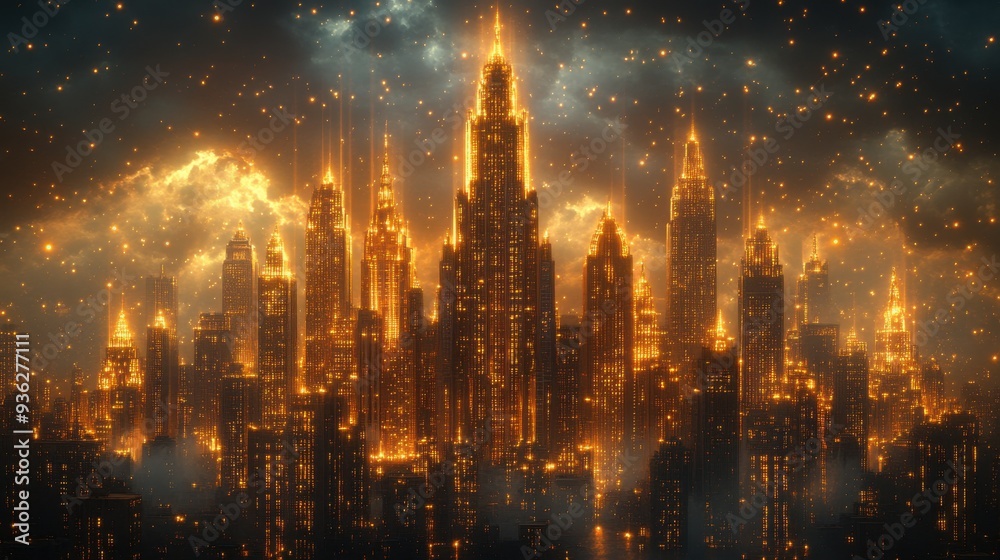 Obraz premium Illuminated cityscape at night with towering skyscrapers and glowing lights in urban setting