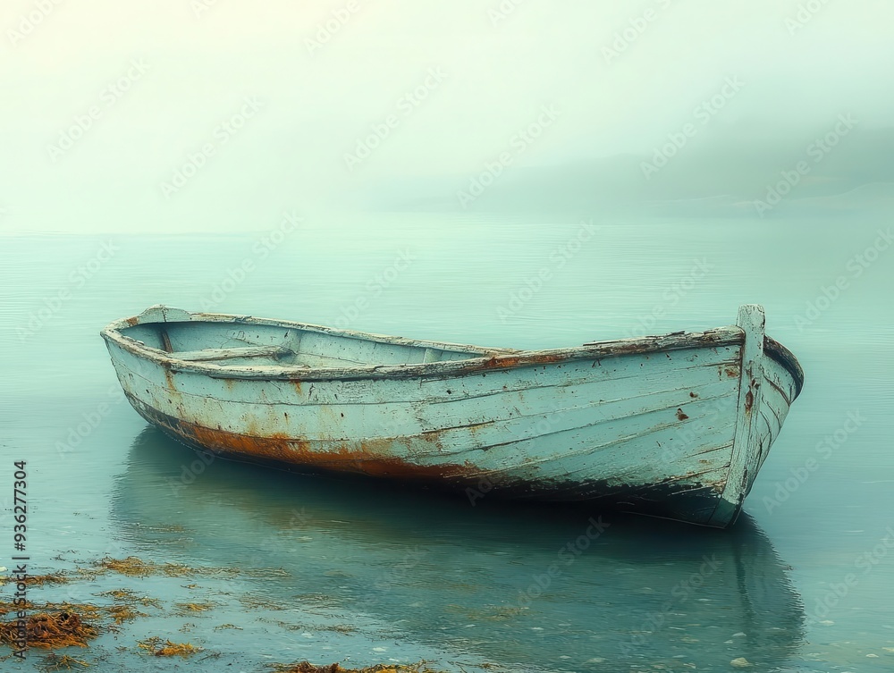 tranquil coastal scene weathered wooden sailboat misty morning light calm turquoise waters distant shoreline serene atmosphere tranquil coastal scene weathered wooden sailboat misty morning light calm turquoise waters distant shoreline serene atmosphere