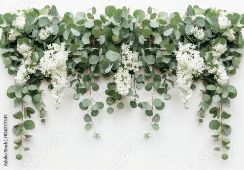 Fresh green eucalyptus and white flowers hanging on a light background