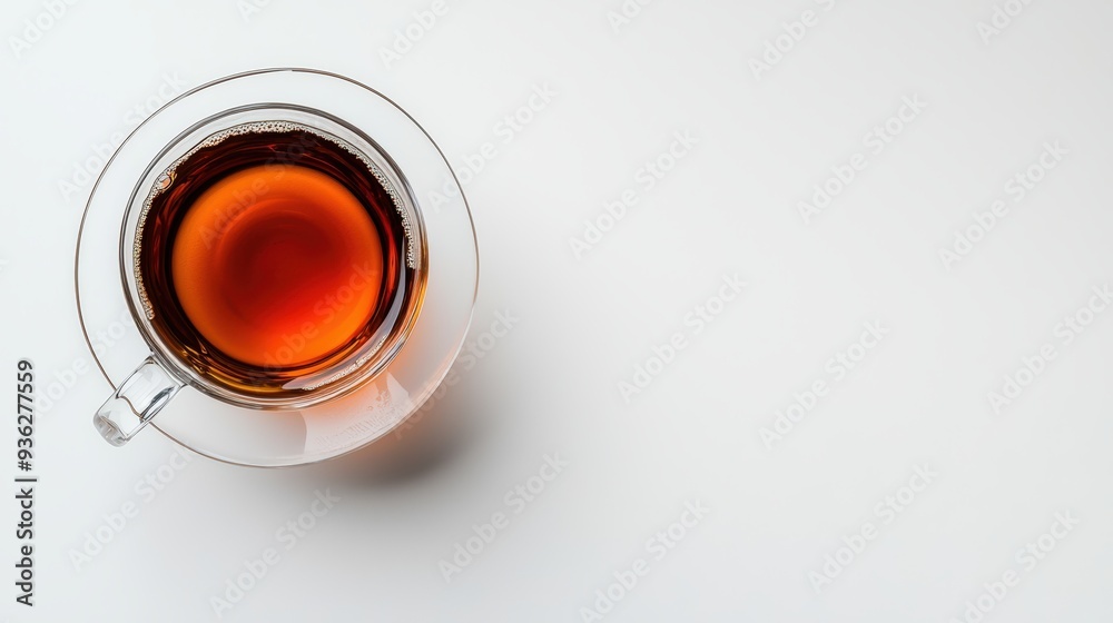 A close-up view of a clear glass cup filled with aromatic black tea on a minimalist background. Perfect for beverage concepts. A close-up view of a clear glass cup filled with aromatic black tea on a minimalist background. Perfect for beverage concepts.