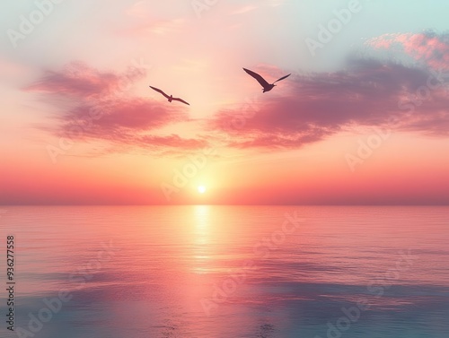 tranquil dawn sky soft pastel hues of sunrise with silhouette of birds in flight dreamy cloudscapes creating a sense of peace and new beginnings