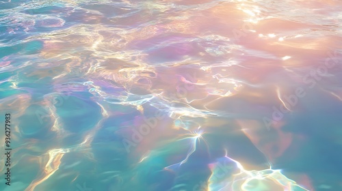 Abstract iridescent water surface with light reflections, creating a dreamy, ethereal and peaceful atmosphere.