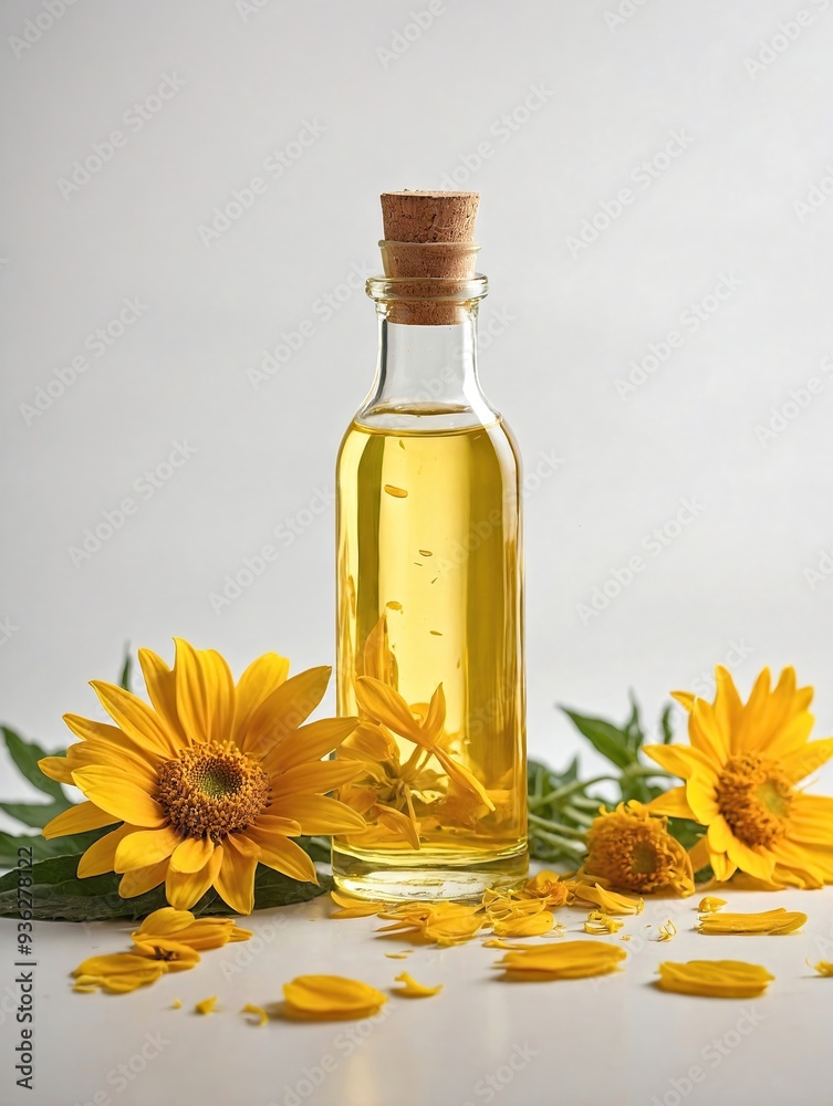 A clear glass bottle of golden-yellow arnica oil stands upright on a plain white background, surrounded by fresh arnica flowers A clear glass bottle of golden-yellow arnica oil stands upright on a plain white background, surrounded by fresh arnica flowers