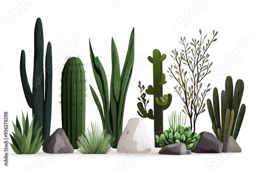 A collection of various realistic cacti and succulents, complete with rocks, perfect for nature-themed designs. photo