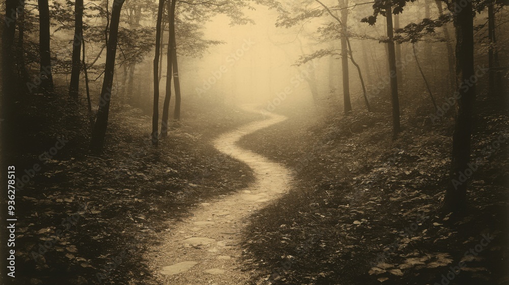Fototapeta premium Mysterious winding path through foggy forest at dawn, evoking tranquility and solitude.