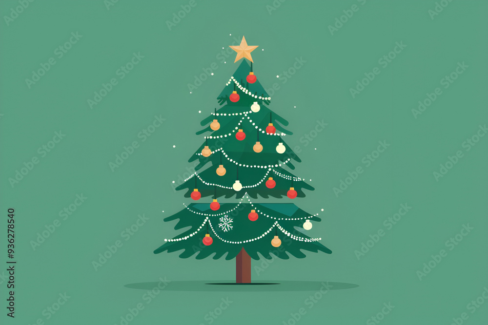Decorated Christmas tree with ornaments and lights on a green background Decorated Christmas tree with ornaments and lights on a green background
