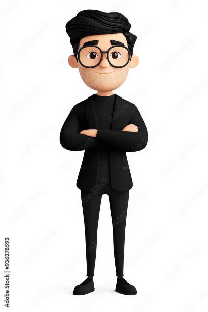 A confident young man in a black suit stands with arms crossed, showcasing a modern, professional appearance. A confident young man in a black suit stands with arms crossed, showcasing a modern, professional appearance.