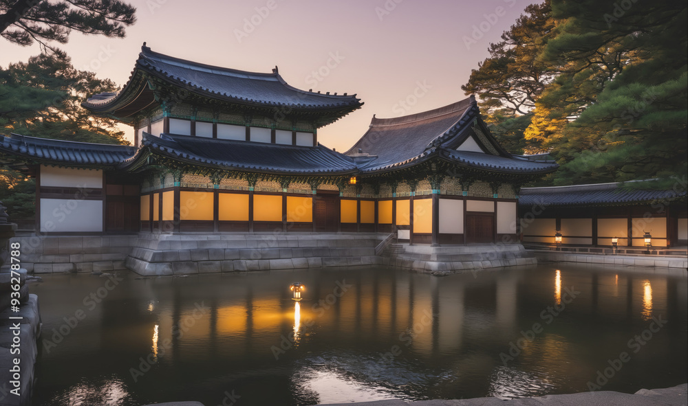 The Gyeongbokgung Palace in Seoul, South Korea, is illuminated by the soft glow of lanterns during dusk The Gyeongbokgung Palace in Seoul, South Korea, is illuminated by the soft glow of lanterns during dusk